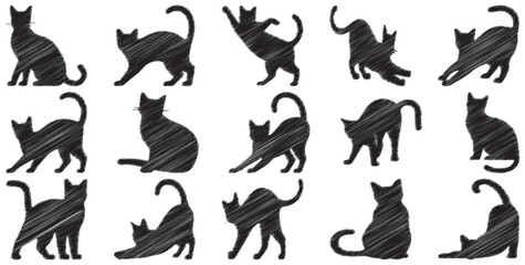 Playful Black Cat Silhouettes Set — Sketch Style Feline Poses Collection on White Background
