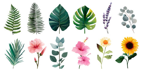 Watercolor botanical collection of tropical leaves, green foliage, and vibrant flowers © DARK TRUST