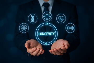 Businessman showing concept of longevity with icons representing health, wellness, genetic science, nature, fitness, and medical care