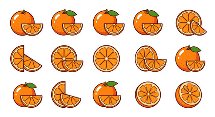 A vibrant collection of stylized oranges and orange slices, presented in a clean, graphic illustration style against a stark black background, showcasing the juicy segments and whole fruits in