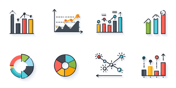 Collection of diverse data analysis and business intelligence icons, illustrating various graphs and charts for reports.