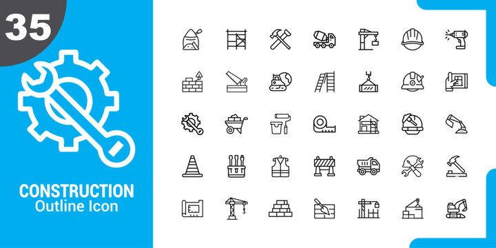 Construction and industry outline icons set