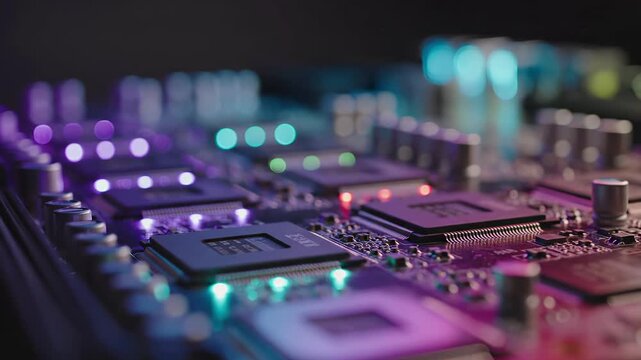 Electronic circuit board with microprocessors illuminated by colorful led lights. Computer hardware components feature semiconductor chips, capacitors and integrated circuits. Purple and cyan gradient