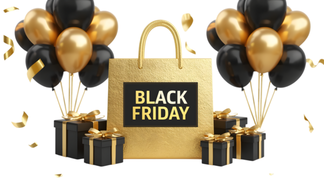 Black friday shopping bag with gift boxes and balloons, isolated on transparent background