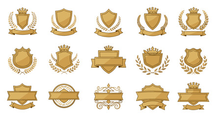 Collection of golden heraldic emblems and badges featuring shields, crowns, and laurel wreaths, perfect for luxury branding, awards, and official seals, presented on a black background for high