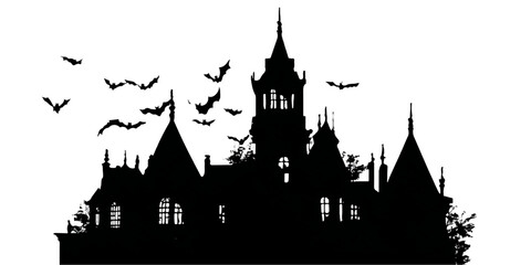 Spooky silhouette of a haunted castle with bats flying against a white background © DARK TRUST