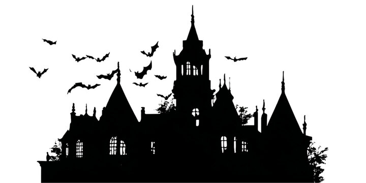 Spooky silhouette of a haunted castle with bats flying against a white background