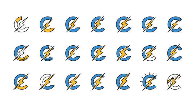 A collection of stylized letter C logos featuring a lightning bolt, symbolizing power, energy, and speed. The designs incorporate blue and yellow color palettes with variations in line work and