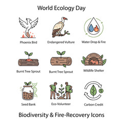 Biodiversity & Fire Recovery Icons – Endangered Species, Reforestation & Eco-Rebirth Vector Art
