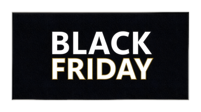 Black friday text on a black background with gold and white lettering isolated on transparent background