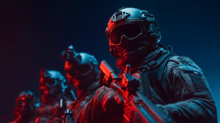 Special forces team in tactical gear with weapons Battlefield background AI Generated