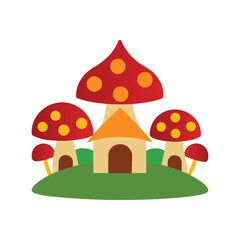 Fototapeta premium Whimsical Mushroom House Fantasy Cartoon Scene
