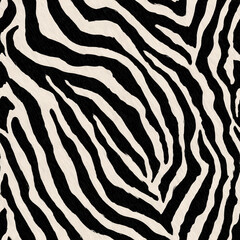 Fototapeta premium Seamless zebra print pattern with realistic fur texture. Black and white animal skin background for textile and fashion design.