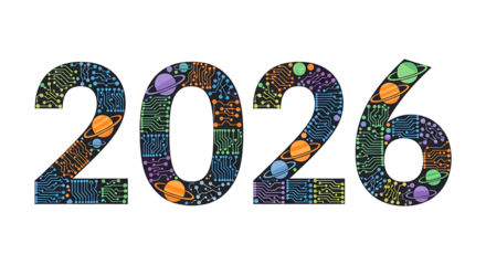 Futuristic 2026 Digital Design with Circuitry Pattern and Space Planets 