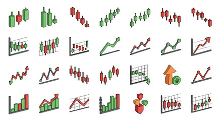 Isometric financial charts and graphs collection, including candlestick charts, line graphs, bar charts, and 3D cubes representing data, with upward and downward trends in red and green colors