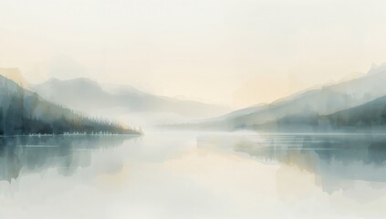 Watercolor painting of a tranquil lake surrounded by misty mountains
