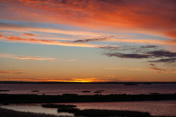 Sunset colours at the sky over marshlands in Pori, Finland