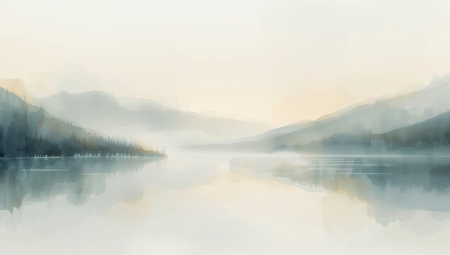 Watercolor painting of a tranquil lake surrounded by misty mountains