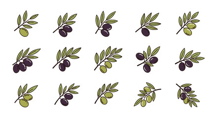 Collection of stylized olive branches with green and black olives, isolated on a black background, representing natural ingredients, healthy food, and Mediterranean cuisine, perfect for graphic
