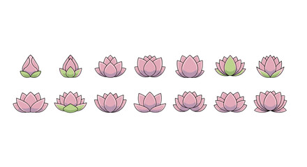 A collection of stylized lotus flowers in various stages of bloom, presented in a clean, modern vector illustration style with a soft pink and green color palette on a black background, ideal for