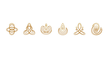 A collection of six abstract golden Celtic knot-inspired symbols and icons, presented on a stark black background, evoking a sense of ancient mystery, spiritual connection, and timeless design