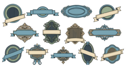 Collection of ornate vintage badges and labels with banners, featuring intricate scrollwork and decorative elements in a classic blue and beige color palette, perfect for retro design projects and