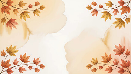 Watercolor Autumn Leaves Frame, Minimal Fall Maple Branches Border, Soft Watercolor Autumn Background, Empty Space Seasonal Illustration
