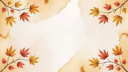 Watercolor Autumn Leaves Frame, Minimal Fall Maple Branches Border, Soft Watercolor Autumn Background, Empty Space Seasonal Illustration