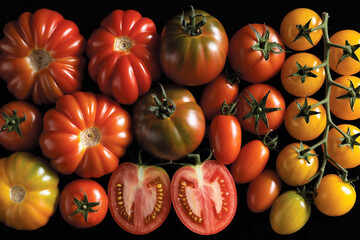 Assortment of fresh heirloom tomatoes and cherry tomatoes on black background