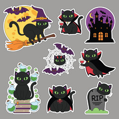 Halloween sticker set featuring a black cat. Vector illustration.