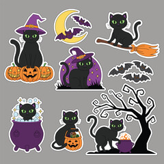 Halloween sticker set featuring a black cat. Vector illustration.