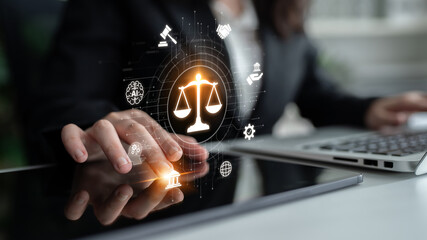 Futuristic digital law interface displaying justice scale, highlighting digital law, AI compliance,...