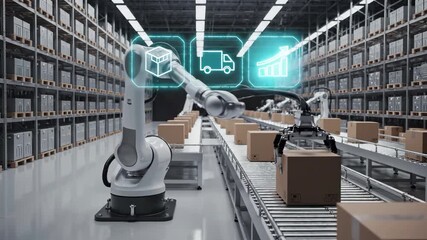 Automated warehouse with robotic arms sorting packages on conveyor belt. Smart logistics facility features digital interface icons for inventory management, delivery tracking and supply chain - Powered by Adobe