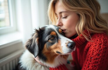 Blonde woman in red sweater gently hugs fluffy Australian Shepherd dog. They share tender moment indoors near window. Friendship between pet and owner is evident.