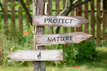 A signpost stands in a lush garden, highlighting the importance of nature preservation. The words Protect and Nature invite visitors to embrace eco-friendly practices in their surroundings