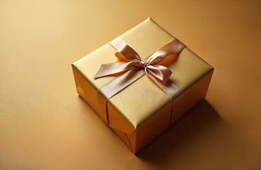 One gold wrapped gift box with satin ribbon tied on a smooth surface. A single present is ready for giving, its ample empty area is great for custom text. Elegance and surprise.