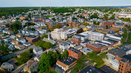 aerial view of new england town in massachusetts 