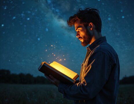Young man reads glowing book under starry night sky. Light emanates from pages, creating magical sparks. He is outdoors in a field, silhouette against cosmos.