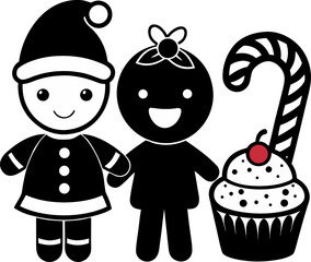 Cute Christmas food characters  gingerbread man, candy cane, cupcake, smiling cartoon vector silhouette vector icon , black and white , white background
