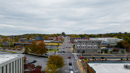 Aerial view of downtown Bristol Tennessee during the fall leaf change 