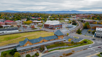 Aerial view of Bristol sign with train station and fall foliage