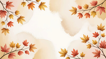 watercolor autumn leaves border background, elegant fall maple leaf branch frame, abstract warm watercolor autumn texture, seasonal fall foliage invitation template