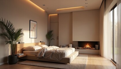 Fototapeta premium Spacious Scandinavian bedroom features a modern bed, recessed fireplace with a warm glow, and large window with sheer curtains. Tall potted palm adds green plants to the calm, minimalist space.