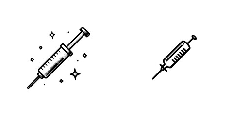 A minimalist icon of a syringe with a needle is depicted in black and white
