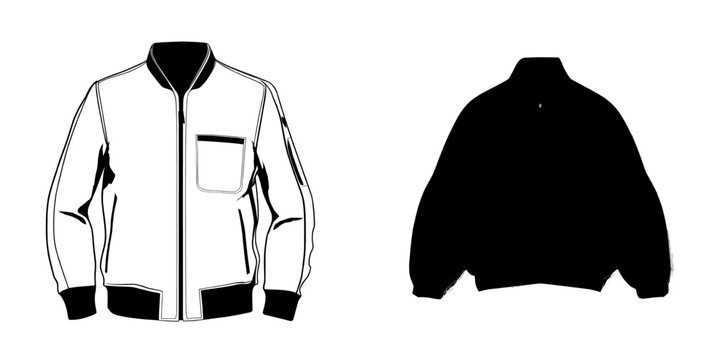 The technical drawing of this fashion design showcases a long sleeve men's jacket with a ribbed hem, ribbed cuff, and a zippered collar, along with a slouchy balloon sleeve and pocket