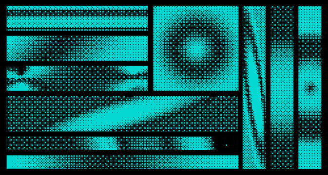 Blue and black pixelated bitmap texture background set. Retro pixel art, glitch dither pattern, 8 bit background. Leisure or arcade games duotone border frame. Vector illustration