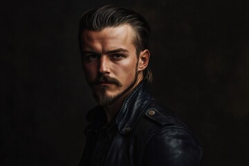 Obraz premium Man with brushed back hair, goatee, and mustache looking directly at the camera with a confident, intense expression