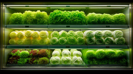 Assorted fresh green lettuce and cabbage varieties neatly arranged in refrigerated display case at grocery store