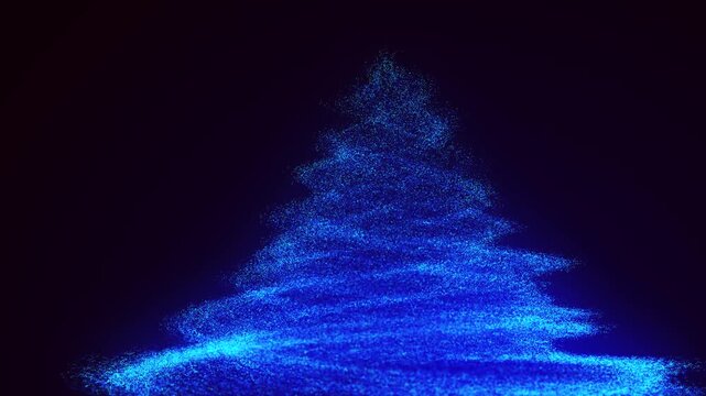 An animated figure resembling a Christmas tree silhouette, woven from bright blue glowing particles, appears to float in space, radiating a cool glow and creating a sense of winter magic.