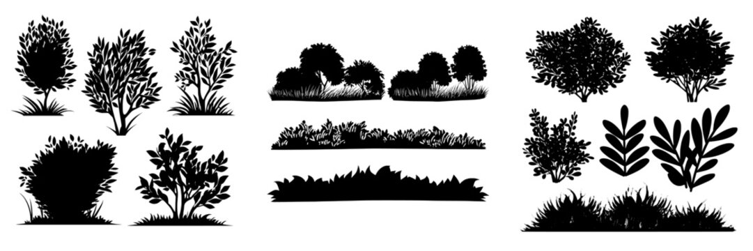 A collection of contemporary bush designs on a white backdrop, featuring green flat bushes and grass in a modern style, along with simple abstract shrubbery and trees, serving as an eco-friendly